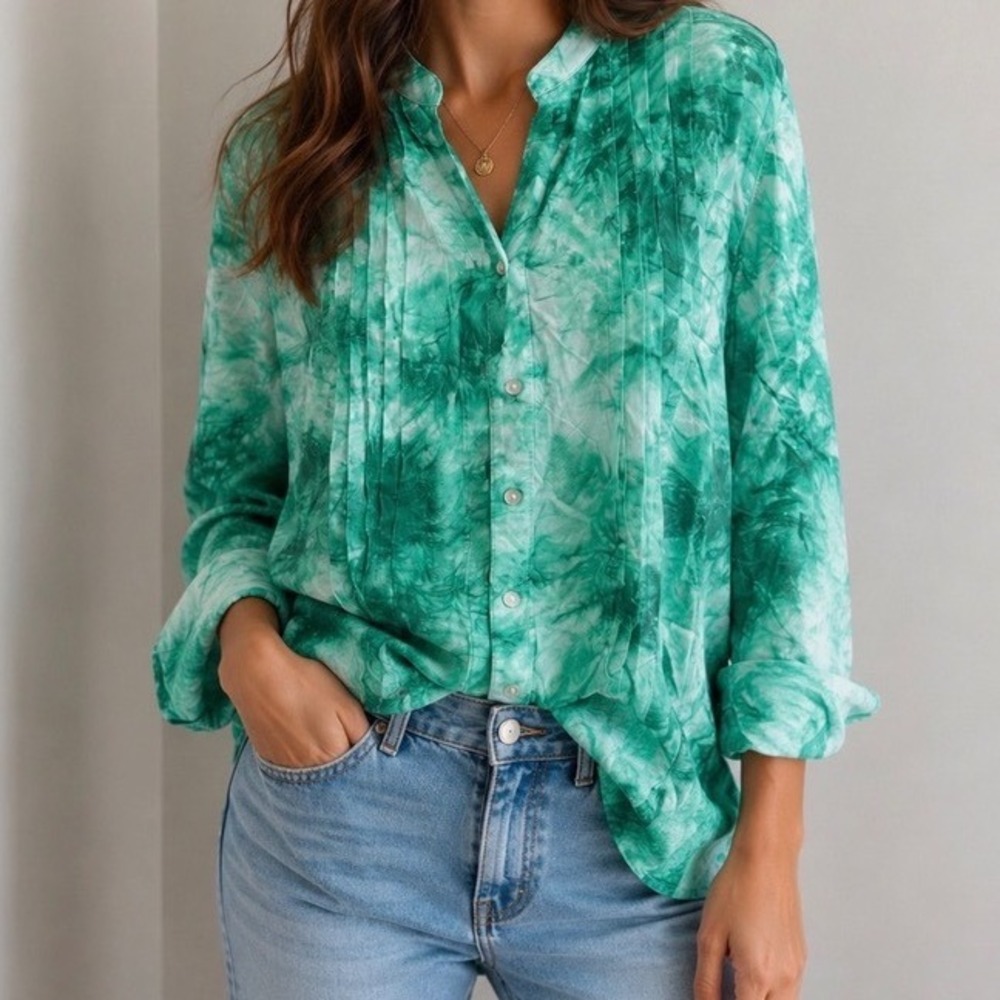 Ruby Rd Green Tie Dye Pintuck Button Front Blouse Roll Tab Sleeve M